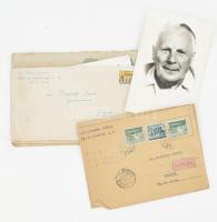 1957-1979 Theiss Ede (1899-1979) statisztikus, egyetemi tanár, az MTA tagja és felesége (sz. Vajk Mária Magdolna) össz. 6 db levele Borbély Ervin (1911-2002) költő, író, esztéta, ügyvéd, miniszteri tanácsos, az építési minisztérium elnöki osztályának vezetője részére; az egyikhez mellékelve Theiss Ede fényképe