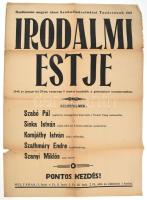 1948 "Hajdúnánás megyei város Szabadművelődési Tanácsának első Irodalmi Estje", 1948. jan. 25., Szabó Pál regényíró, Sinka István, Komjáthy István költő, Szathmáry Endre hegedűművész, Szanyi Miklós nép táncos részvételével. Hajdúnánás, "Táncsics"-ny., hajtott, sérült, 83x59 cm