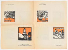 cca 1930 Kós Károly (1883-1977): 8 db erdélyi témájú linómetszete, felvágatlan íven, rajta: "17. Városi nemes úr és nemes asszony XVII. század (Kolozsvár), "18: Székely nemes XVII. század (Marosvásárhely)", "19. Szász pap, XVI. század (Szebeni városháza.)", "20. Mezei hadnagy, XVII. század (Fogaras-vára.)", "21. Vári darabont, XVII. század (Sebesvár)", "22. Jobbágy, XVII. század. (Küküllővár)", "23. Gyulafehérvári katedrális.","24. Demsus. Hunyad vármegye", linómetszetek, papír, jelzettek a dúcon, hajtott, 9x9 cm és 10,5x10x5 cm, lap kihajtva: 38x53 cm