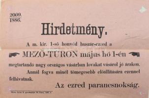 1886 Mezőtúr az 1. honvéd huszár ezred lóvásárlási hirdetménye, kartonra kasírozva 30x20 cm