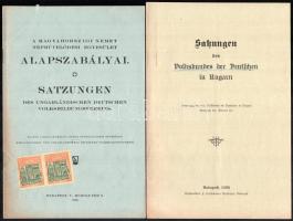 1939 Bp., Satzungen des Volksbundes der Deutschen in Ungarn. A "Magyarországi Németek Szövetsége" (Volksbund) alapszabályai, 8p. Bp., 1939. Buschmann.+ 1925 A Magyarországi Német Népművelődési Egyesület Alapszabályai - Satzungen des Ungarländischen Deutschen Volksbildungvereins. 16p.