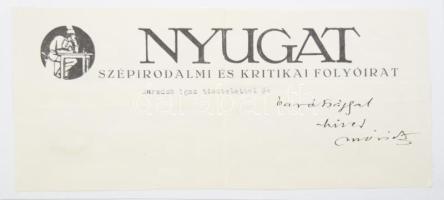 Móricz Zsigmond (1879-1942) író autográf aláírása, dedikációja a Nyugat fejléces papírján. Kartonra kasírozva