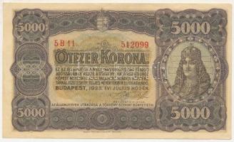 1923. 5000K piros "5 B 11 512099" sorszámmal "Magyar Pénzjegynyomda Rt. Budapest" nyomdahely jelöléssel T:XF Adamo K39