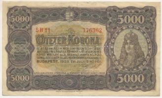 1923. 5000K piros "5 B 11 776362" sorszámmal "Magyar Pénzjegynyomda Rt. Budapest" nyomdahely jelöléssel T:F Adamo K39