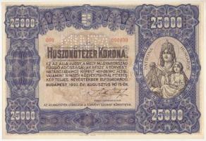 1922. 25.000K "Orell Füssli Zürich" "MINTA" perforációval és "000"-ás sorszámmal T:AU,XF nagyobb sarokhajlások, de hajtatlan Hungary 1922. 25.000 Korona "Orell Füssli Zürich" with "MINTA (SPECIMEN)" perforation and "000" serial number C:AU,XF unfolded, but with rather large corner folds Adamo K43M