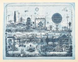 Gross Arnold (1929-2015): Művészek kertje. Ofszet nyomat, papír, jelzett a nyomaton. Az 1973-ban megjelent Corvina mappából. 25x31 cm.