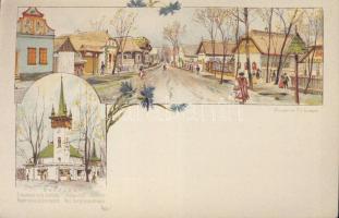 Budapest Ezredéves Országos Kiállítás magyar utca és templom népviselettel litho s: Cserna