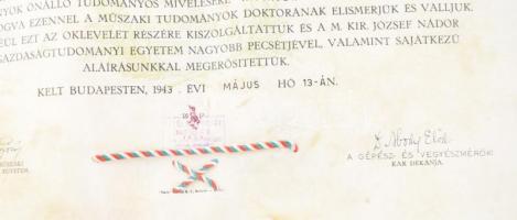 1943 Budapesti Műegyetem vegyészmérnöki doktori diplomája, Mihailich Győző (1877-1966) hídépítő mérn...