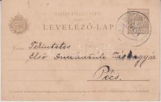 1911 5f Díjjegyes levelezőlap "G.BERZENCZE - P.NÁNA" vasúti bélyegzéssel Pécsre