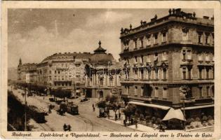 1923 Budapest XIII. Lipót körút a Vígszínházzal, Club kávéház, Elite mozgó (mozi), villamos (EB)