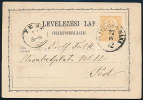 1872 2kr díjjegyes levelezőlap "ESZTERGOM-NÁNA" - "PEST"