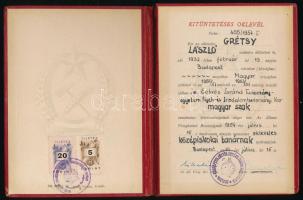 1954 Grétsy László (1932-2024) nyelvész, Prima Primissima díjas kitüntetéses magyar szakos diplomája, és melléklete.