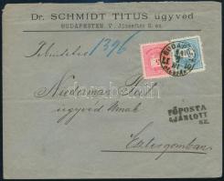 1881 5kr + 10kr ajánlott levélen "BUDAPEST / DÉLUTÁN" - Esztergom, céges levélzáróval