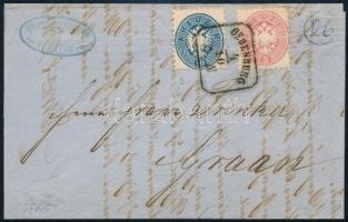 1865 5kr + 10kr távolsági levélen, teljes tartalommal "OEDENBURG" - "GRAN" (hajtott / folded)