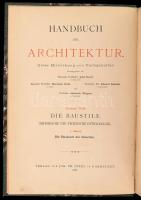 Handbuch der Architektur. II. Theil: Die Baustile. Historische und Technische Entwickelung des Handbuches der Architektur. 1. Band: Josef Durm: Die Baukunst der Griechen. Hrsg.: Josef Durm, Hermann Ende, Eduard Schmitt, Heinrich Wagner. Darmstadt, 1892, Arnold Bergsträsser, VII+386+10 p.+ 3 (színes litografált képtáblák) t. Szövegközti és egészoldalas illusztrációkkal. Német nyelven. Korabeli félvászon-kötésben,