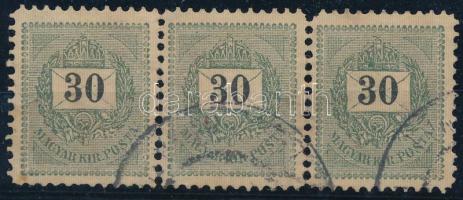 1889 30kr hármascsík 11 1/2 fogazással, lemezösszefüggéssel, nagyon ritka