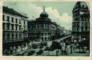 1932 Budapest VIII. Rákóczi út (Blaha Lujza tér), villamos, EMKE kávéház (r)