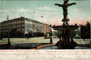 1907 Pozsony, Pressburg, Bratislava; Sétatér, Nemzeti és Palugyay szálloda, villamos, szökőkút. Kaufmann's "Bediene dich allein" / Promenade, Hotel National u. Palugyay / promenade, hotels, tram, fountain (EM)