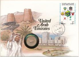 Egyesült Arab Emirátusok 1973. 5f bronz felbélyegzett borítékban, bélyegzéssel, német nyelvű leírással T:AU patina United Arab Emirates 1973. 5 Fils bronze in envelope with stamp, cancellation and a prospectus in german C:AU patina