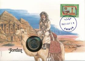 Jordánia 1984. 25f Cu-Ni felbélyegzett borítékban, bélyegzéssel, német nyelvű leírással T:AU Jordan 1984. 25 Fils Cu-Ni in envelope with stamp, cancellation and a prospectus in german C:AU