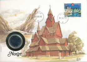 Norvégia 1988. 1K Cu-Ni felbélyegzett borítékban, bélyegzéssel, német nyelvű leírással T:UNC Norway 1988. 1 Krone Cu-Ni in envelope with stamp, cancellation and a prospectus in german C:UNC