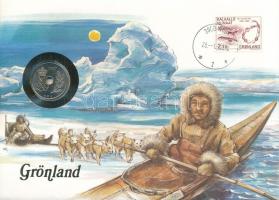 Grönland, benne Dánia 1987. 25ö felbélyegzett borítékban, bélyegzéssel, német nyelvű leírással T:UNC Greenland with Denmark 1987. 25 Öre coin in envelope with stamp and cancellation, with German description C:UNC