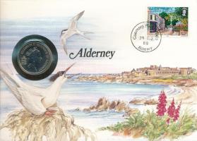 Guernsey / Alderney 1988. 10p Cu-Ni felbélyegzett borítékban, bélyegzéssel, német nyelvű leírással T:UNC Guernsey / Alderney 1988. 10 Pence Cu-Ni in envelope with stamp, cancellation and a prospectus in german C:UNC