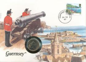 Guernsey 1987. 5p Cu-Ni felbélyegzett borítékban, bélyegzéssel, német nyelvű leírással T:AU Guernsey 1987. 5 Pence Cu-Ni in envelope with stamp, cancellation and a prospectus in german C:AU