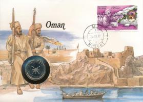 Omán 1986. 50b érmés borítékban, bélyeggel és bélyegzéssel, német nyelvű ismertetővel T:UNC Oman 1986. 50 Baisa in coin envelope, with stamp and cancellation, with German description C:UNC