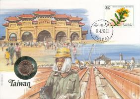 Tajvan 1988. 1/2$ bronz felbélyegzett borítékban, bélyegzéssel, német nyelvű tájékoztatóval T:AU Taiwan 1988. 1/2 New Dollar bronze in envelope with stamp, cancellation and a prospectus in german C:AU