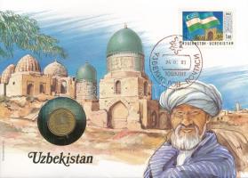 Üzbegisztán felbélyegzett borítékban, bélyegzéssel, német nyelvű tájékoztatóval, benne Oroszország 1992. 1R Cu-Ni T:UNC Uzbekistan in envelope with stamp, cancellation and a prospectus in german, in it Russia 1992. 1 Ruble Cu-Ni C:UNC