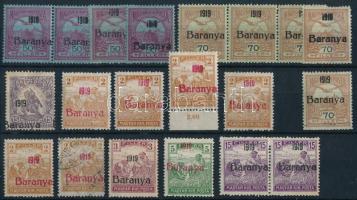 Baranya I. 1919 20 db bélyeg, közte antikva, elcsúszott felülnyomás. Signed: Bodor, Derecskei (ca 8.975)