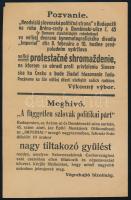 1918 Meghívó a független szlovák politikai párt Szlovákiának Csehországhoz való csatolása ellen tiltakozó gyűlésére (a spanyolnátha miatt elmaradt), kisméretű hirdetmény magyar és szlovák nyelven, 21,5×14 cm / 1918 Summon to a protest against the annexation of Slovakia to the Czech Republic, organized by the independent slovak party (the protest was cancelled due to the Spanish flu), in Hungarian and Slovak, 21,5×14 cm