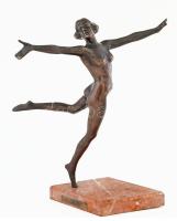 Kerényi Jenő (1908-1975): Táncosnő. Patinázott bronz, márvány talapzaton, jelzett a talpán, illetve címkével a talpazaton, m: 29 cm