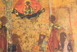 Orosz ortodox ikon. Krisztust és hat szentet ábrázol. Tojástempera,fa tábla, sérülésekkel 36x31 cm X...