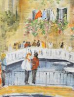 Virág Éva (1957-): Velencei hidak. Olaj, farost, jelzett, fakeretben, 60x80 cm