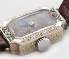 18K női fehérarany karóra gyémántokkal. Jelzett, 12x20 mm Nem működő szerkezettel