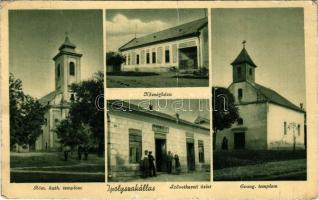 1940 Ipolyszakállos, Sakálos, Ipelsky Sokolec; Római katolikus templom, Községháza, Evangélikus templom, Hanza szövetkezet üzlete / Catholic church, town hall, Lutheran church, cooperative shop (fa)