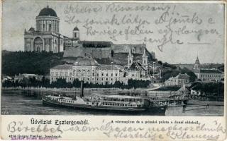 1903 Esztergom, Vártemplom, prímási palota a dunai oldalról, "Budapest" gőzhajó. Gregor Fischer kiadása (EK)