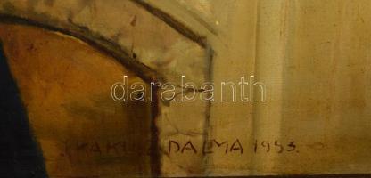 Kakusz Dalma (1914-1991): Lány, újsággal. Olaj, vászon. Jelzett, keretben. 110x80 cm Szennyezett a v...