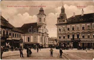 1906 Kolozsvár, Cluj; Kossuth Lajos utca torkolata, Központi szálloda, Pap Ernő, Medgyesy és Nyegrutz, Biasini Sándor utóda üzlete, gyógyszertár / street, hotel, shops, pharmacy (kis szakadás / small tear)