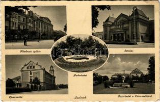 1940 Szolnok, Tisza szálloda, Hitelbank épülete, park részlet, irredenta virágágy, színház