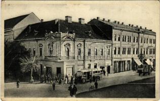 1938 Munkács, Mukacheve, Mukacevo; Hotel Cilag a Rákoczyho ulice / Rákóczi utca, Csillag szálloda, autóbusz / street view, hotel, autobus (fa) + "1938 Munlács visszatért" So. Stpl