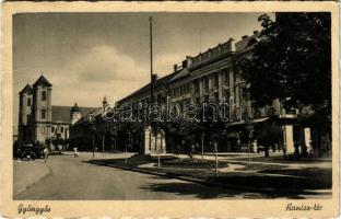 1942 Gyöngyös, Hanisz tér, Hungária szálloda, Országzászló, templom (EK)