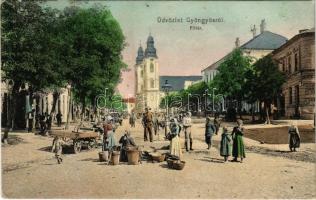 1907 Gyöngyös, Fő tér, templom, piac, Hotel Bruckner szálloda, sörcsarnok és étterem. Steinitz Gábor kiadása (EK)