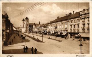 Gyöngyös, Hanisz tér, Grand Hotel Hungária szálloda, Café Korzó kávéház, Gyöngyösi Bank R.T., üzletek, automobilok (EK)