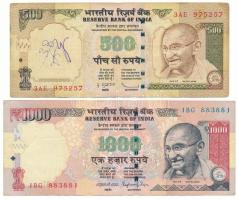 India DN(2009) 500R + DN(2014) 1000R T:F az egyiken tűlyukak és firka India ND(2009) 500 Rupees + ND(2014) 1000 Rupees T:F pinholes and scratch on one Krause P#99, P#100