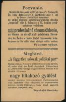 1918 Meghívó a független szlovák politikai párt Szlovákiának Csehországhoz való csatolása ellen tiltakozó gyűlésére (a spanyolnátha miatt elmaradt), kisméretű hirdetmény magyar és szlovák nyelven, 21,5×14 cm / 1918 Summon to a protest against the annexation of Slovakia to the Czech Republic, organized by the independent slovak party (the protest was cancelled due to the Spanish flu), in Hungarian and Slovak, 21,5×14 cm