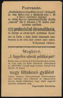 1918 Meghívó a független szlovák politikai párt Szlovákiának Csehországhoz való csatolása ellen tiltakozó gyűlésére (a spanyolnátha miatt elmaradt), kisméretű hirdetmény magyar és szlovák nyelven, 21,5×14 cm / 1918 Summon to a protest against the annexation of Slovakia to the Czech Republic, organized by the independent slovak party (the protest was cancelled due to the Spanish flu), in Hungarian and Slovak, 21,5×14 cm