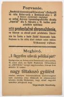 1918 Meghívó a független szlovák politikai párt Szlovákiának Csehországhoz való csatolása ellen tiltakozó gyűlésére (a spanyolnátha miatt elmaradt), kisméretű hirdetmény magyar és szlovák nyelven, 21,5×14 cm / 1918 Summon to a protest against the annexation of Slovakia to the Czech Republic, organized by the independent slovak party (the protest was cancelled due to the Spanish flu), in Hungarian and Slovak, 21,5×14 cm